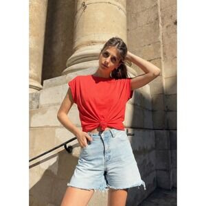 Portofino Women Red 100% Cotton Front Knot Twist Cap Sleeve T-Shirt RN 159885